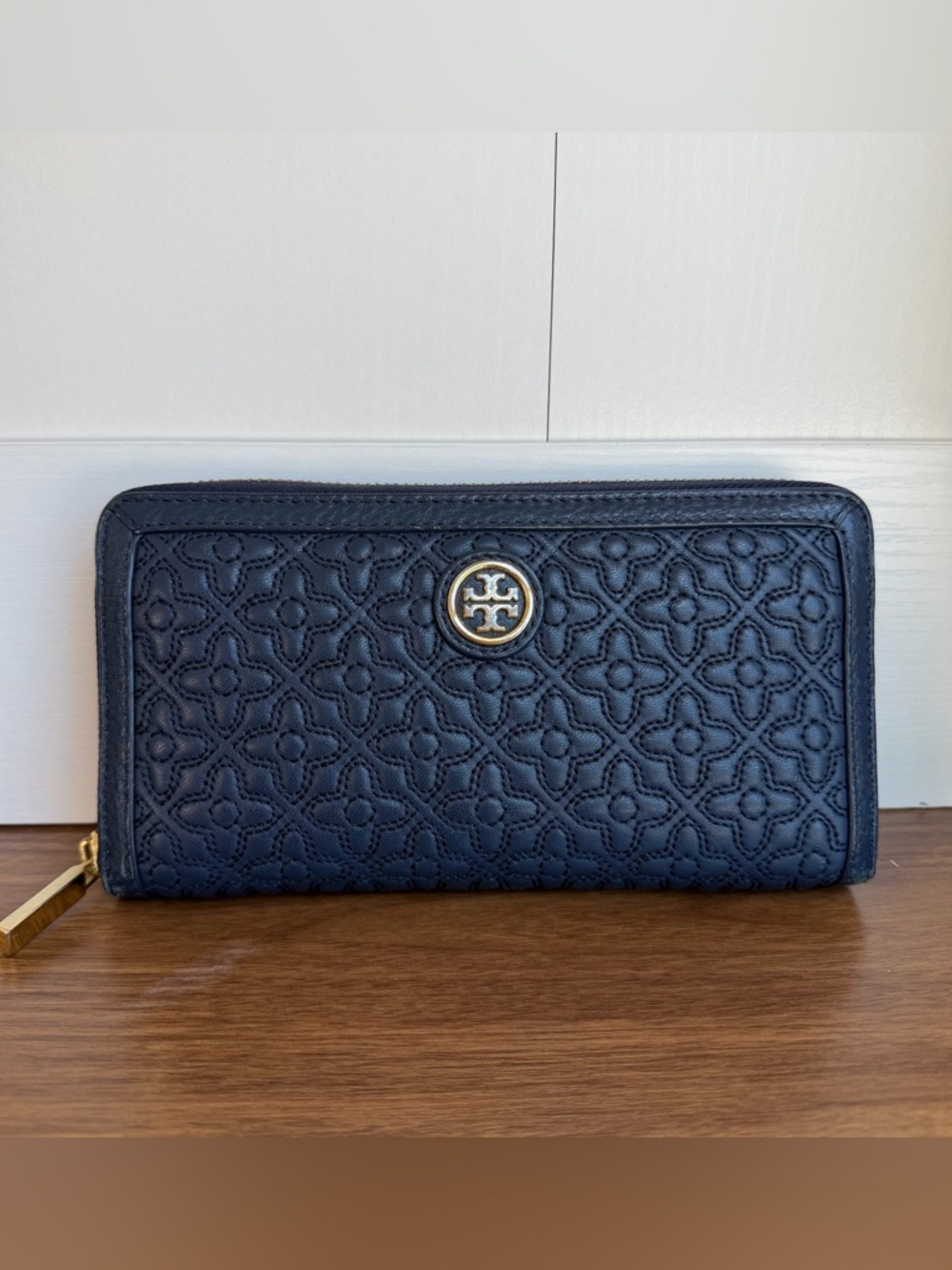Tory Burch Navy Blue Quilted Leather Robinson Zip Around Wallet